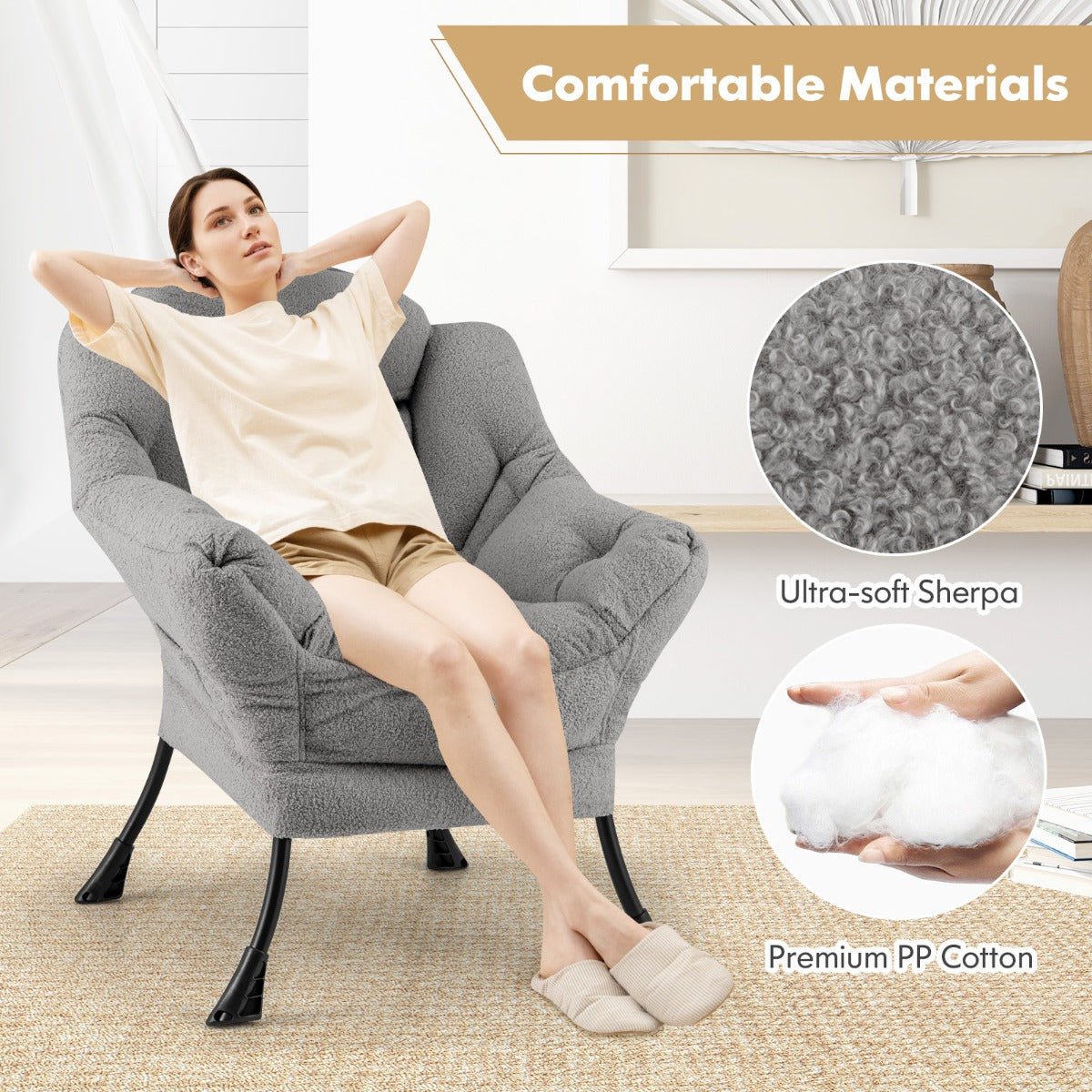 Large Lazy Chair with Cozy Head Pillow and Stylish Tufted Back-Grey