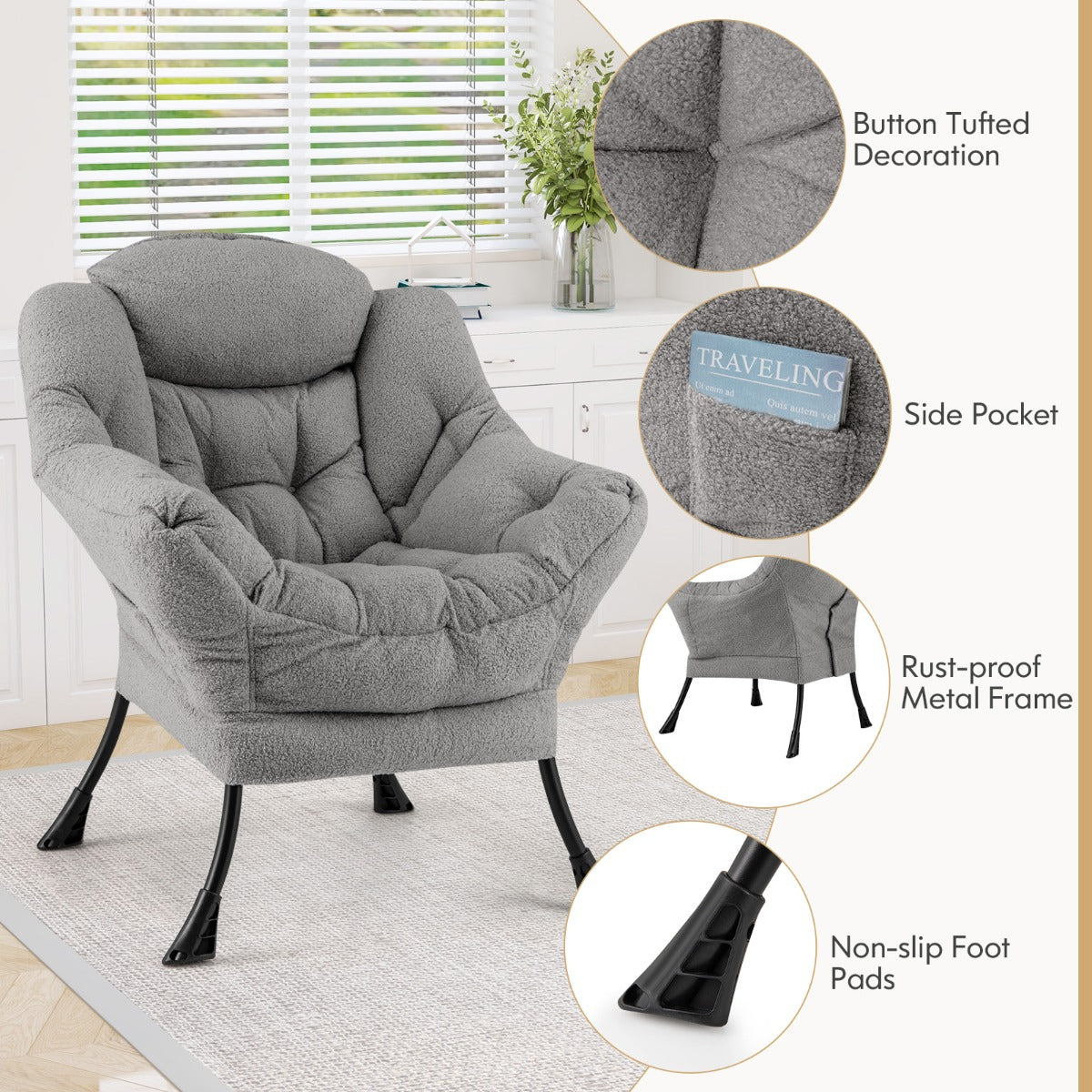 Large Lazy Chair with Cozy Head Pillow and Stylish Tufted Back-Grey