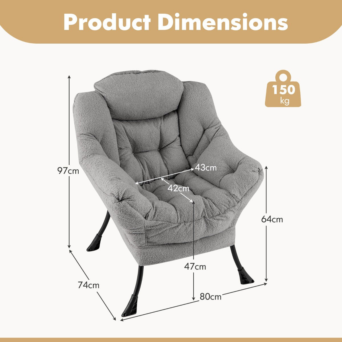 Large Lazy Chair with Cozy Head Pillow and Stylish Tufted Back-Grey