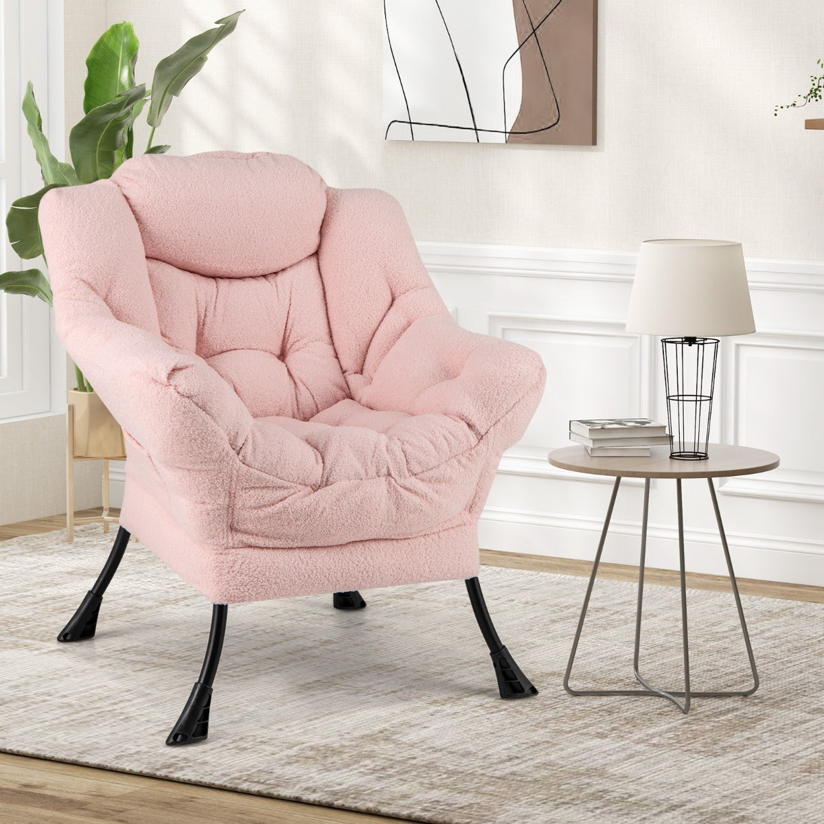 Large Lazy Chair with Cozy Head Pillow and Stylish Tufted Back-Pink