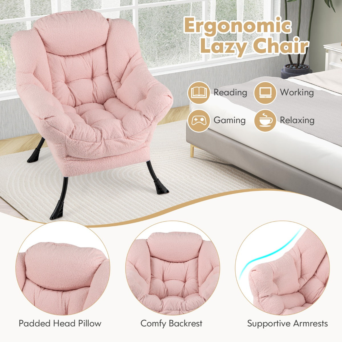 Large Lazy Chair with Cozy Head Pillow and Stylish Tufted Back-Pink