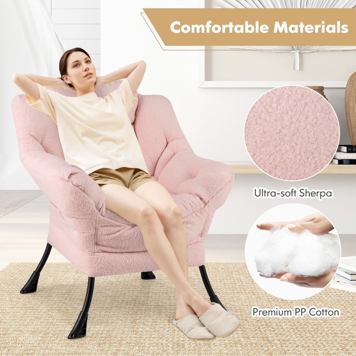 Large Lazy Chair with Cozy Head Pillow and Stylish Tufted Back-Pink