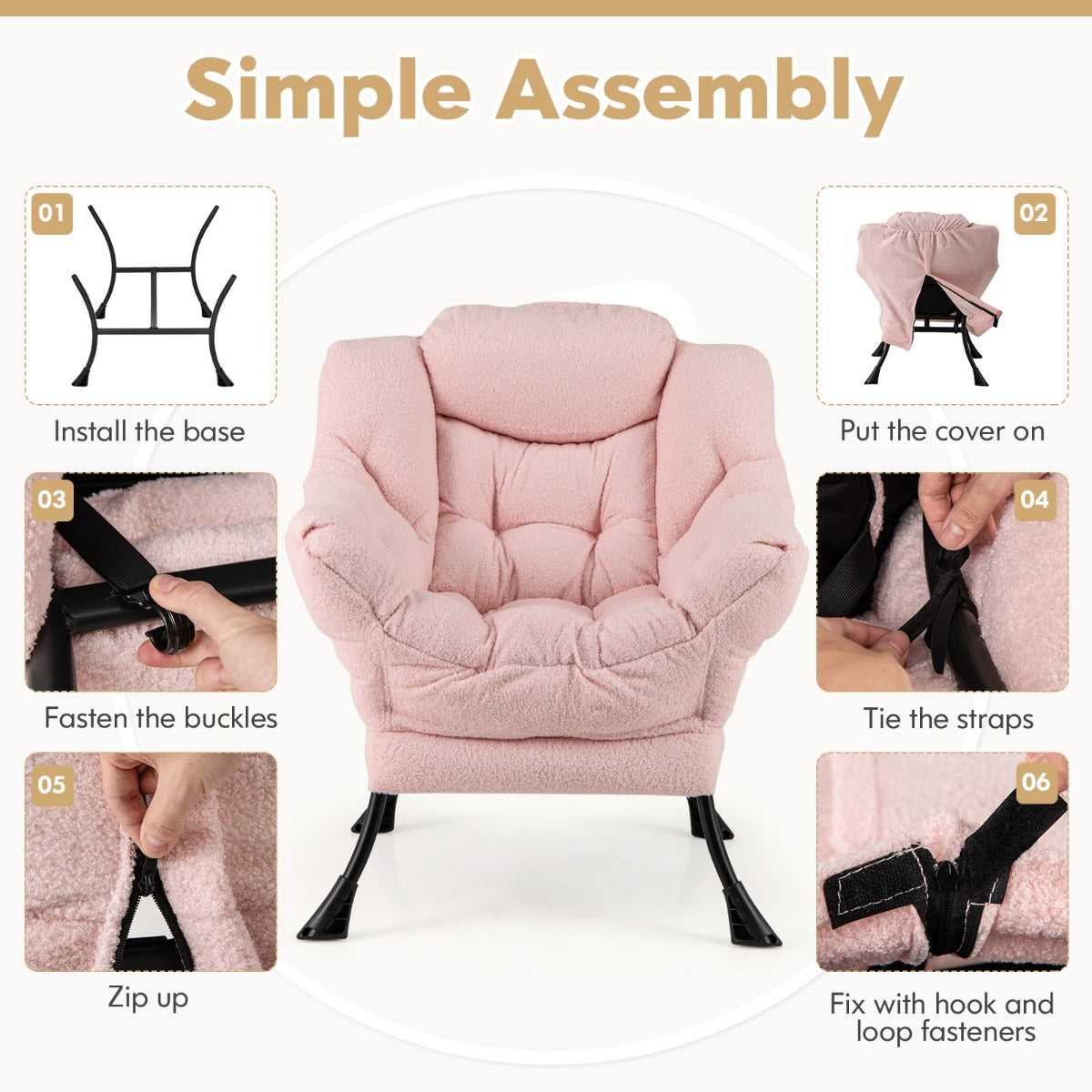 Large Lazy Chair with Cozy Head Pillow and Stylish Tufted Back-Pink