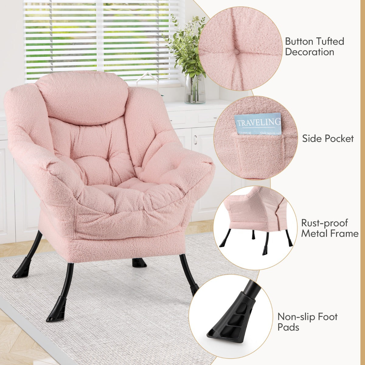 Large Lazy Chair with Cozy Head Pillow and Stylish Tufted Back-Pink