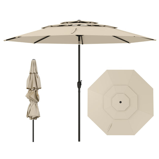 Large Market Table Umbrella with Push Button Tilt and Crank Handle-Beige