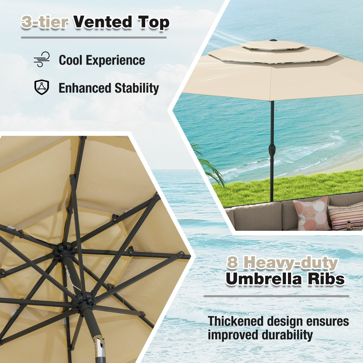 Large Market Table Umbrella with Push Button Tilt and Crank Handle-Beige