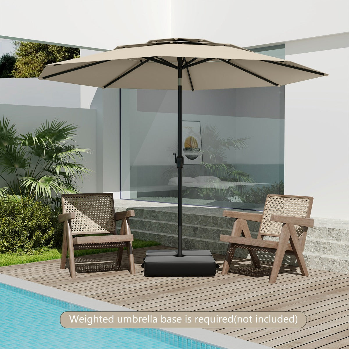 Large Market Table Umbrella with Push Button Tilt and Crank Handle-Beige