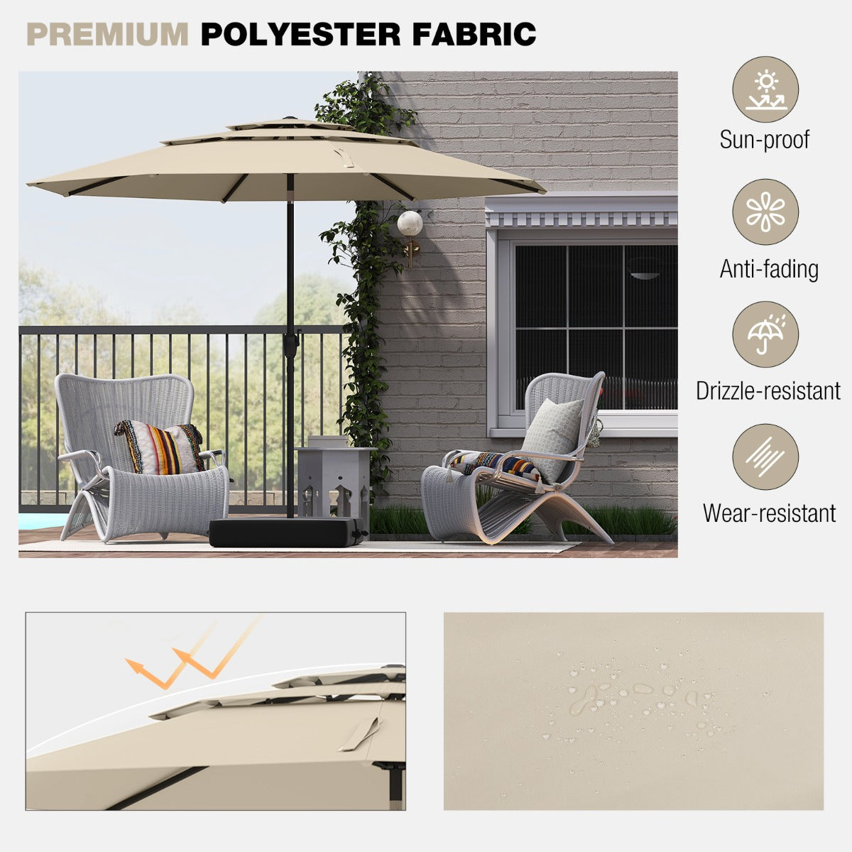 Large Market Table Umbrella with Push Button Tilt and Crank Handle-Beige