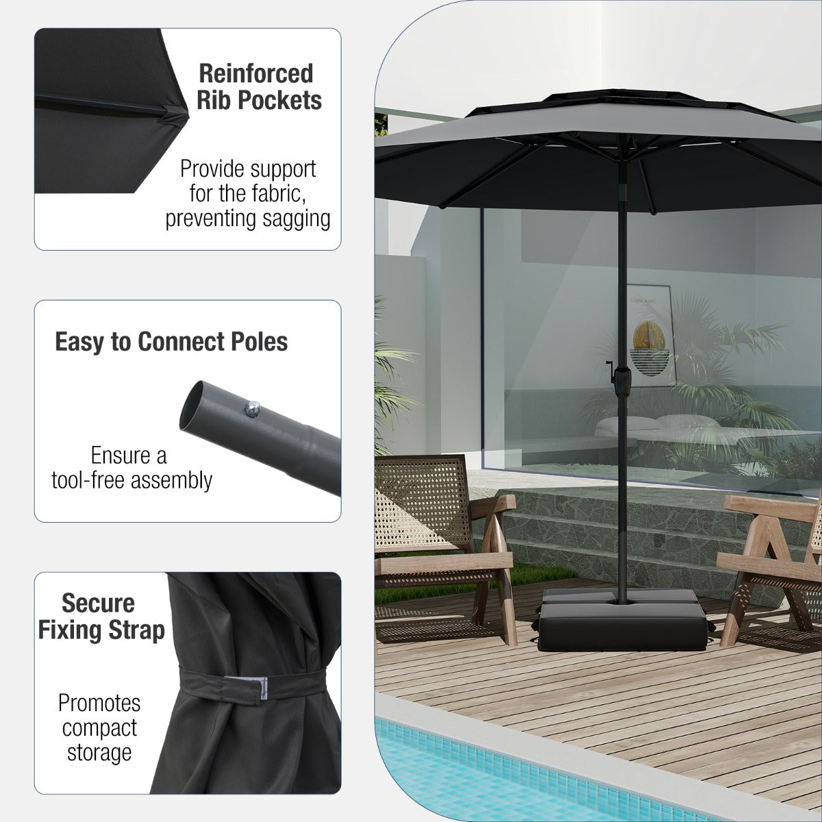 Large Market Table Umbrella with Push Button Tilt and Crank Handle-Black