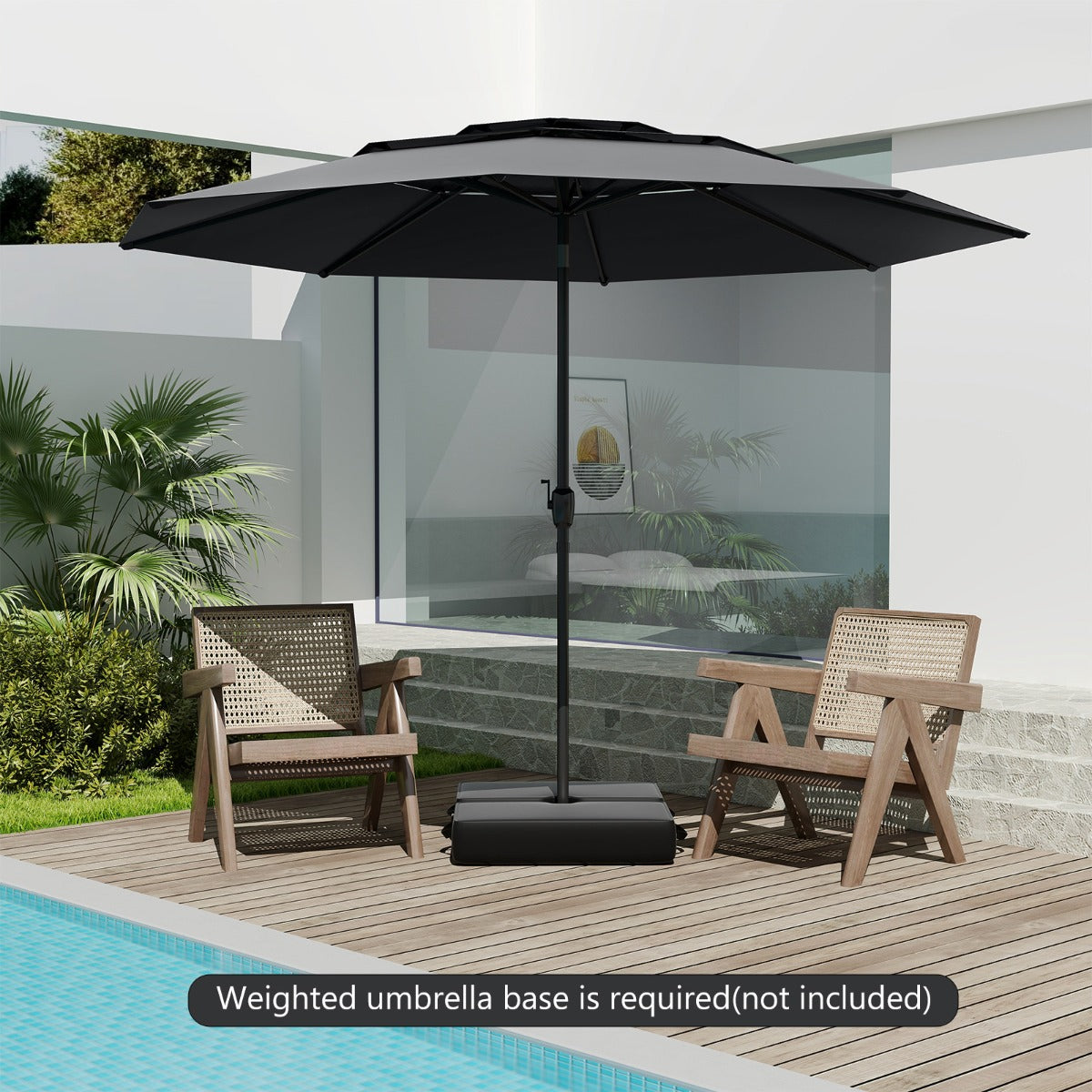 Large Market Table Umbrella with Push Button Tilt and Crank Handle-Black