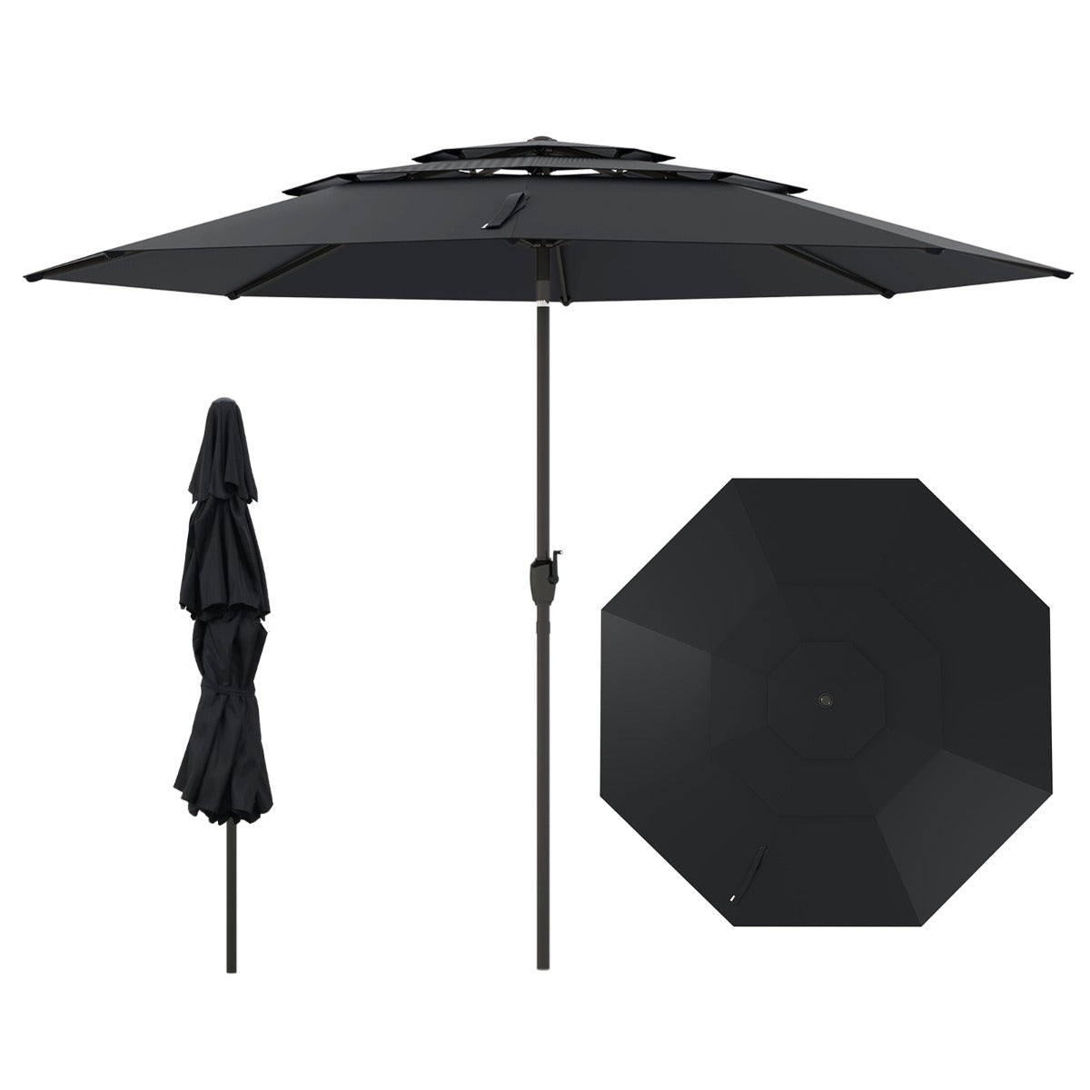 Large Market Table Umbrella with Push Button Tilt and Crank Handle-Black