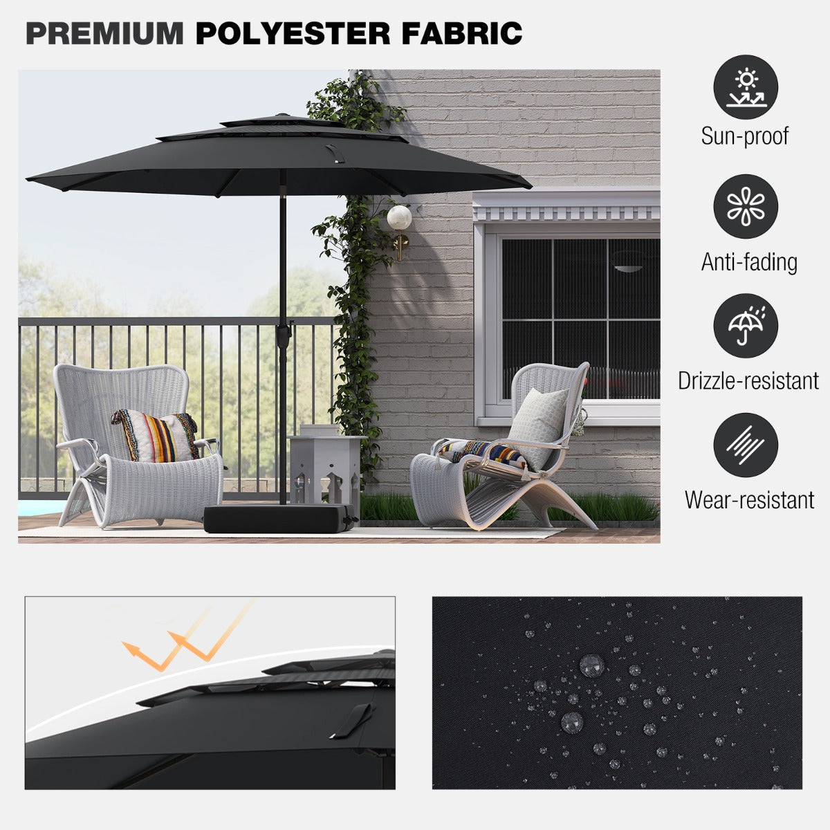 Large Market Table Umbrella with Push Button Tilt and Crank Handle-Black