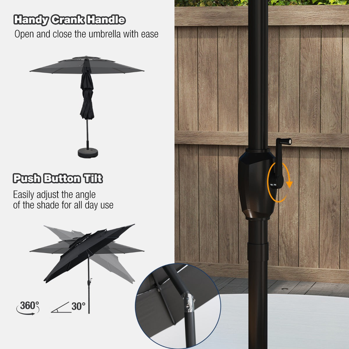 Large Market Table Umbrella with Push Button Tilt and Crank Handle-Black