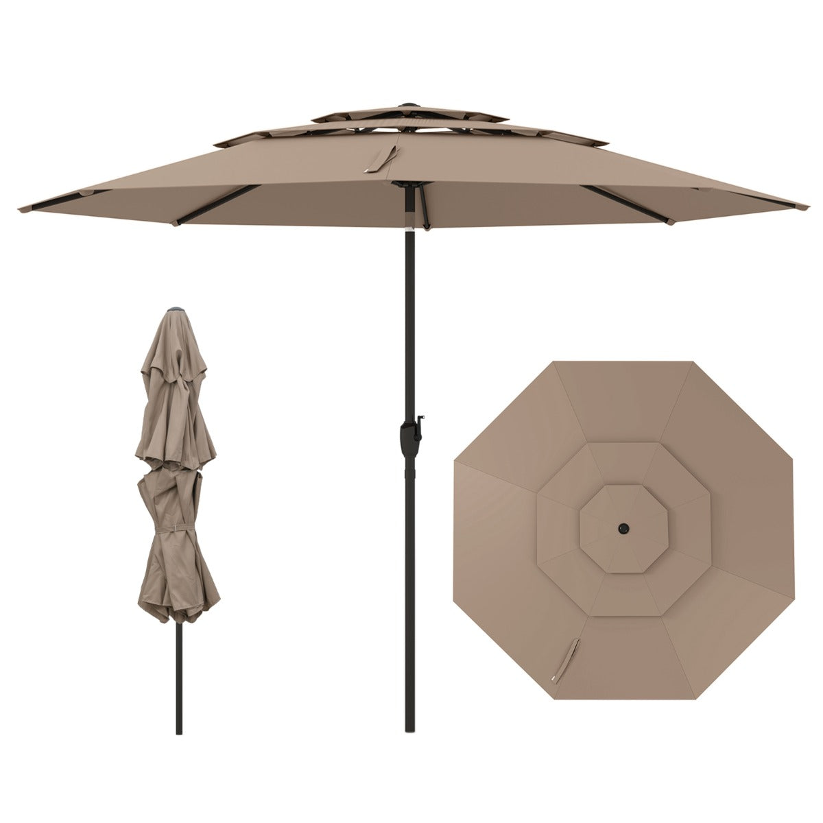 Large Market Table Umbrella with Push Button Tilt and Crank Handle-Brown