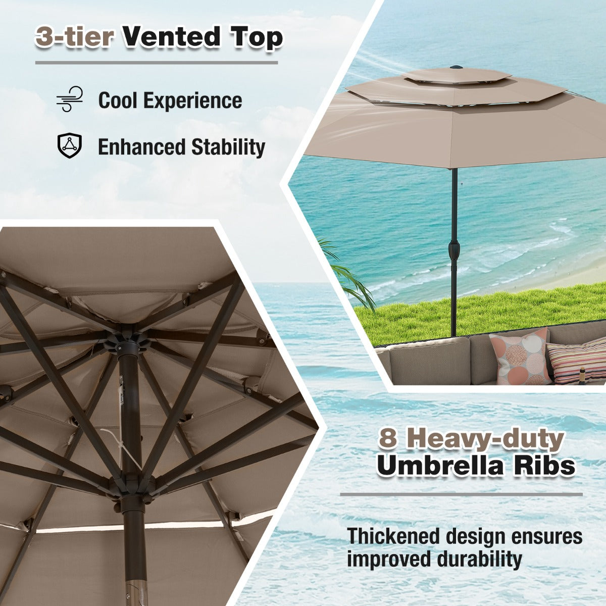 Large Market Table Umbrella with Push Button Tilt and Crank Handle-Brown