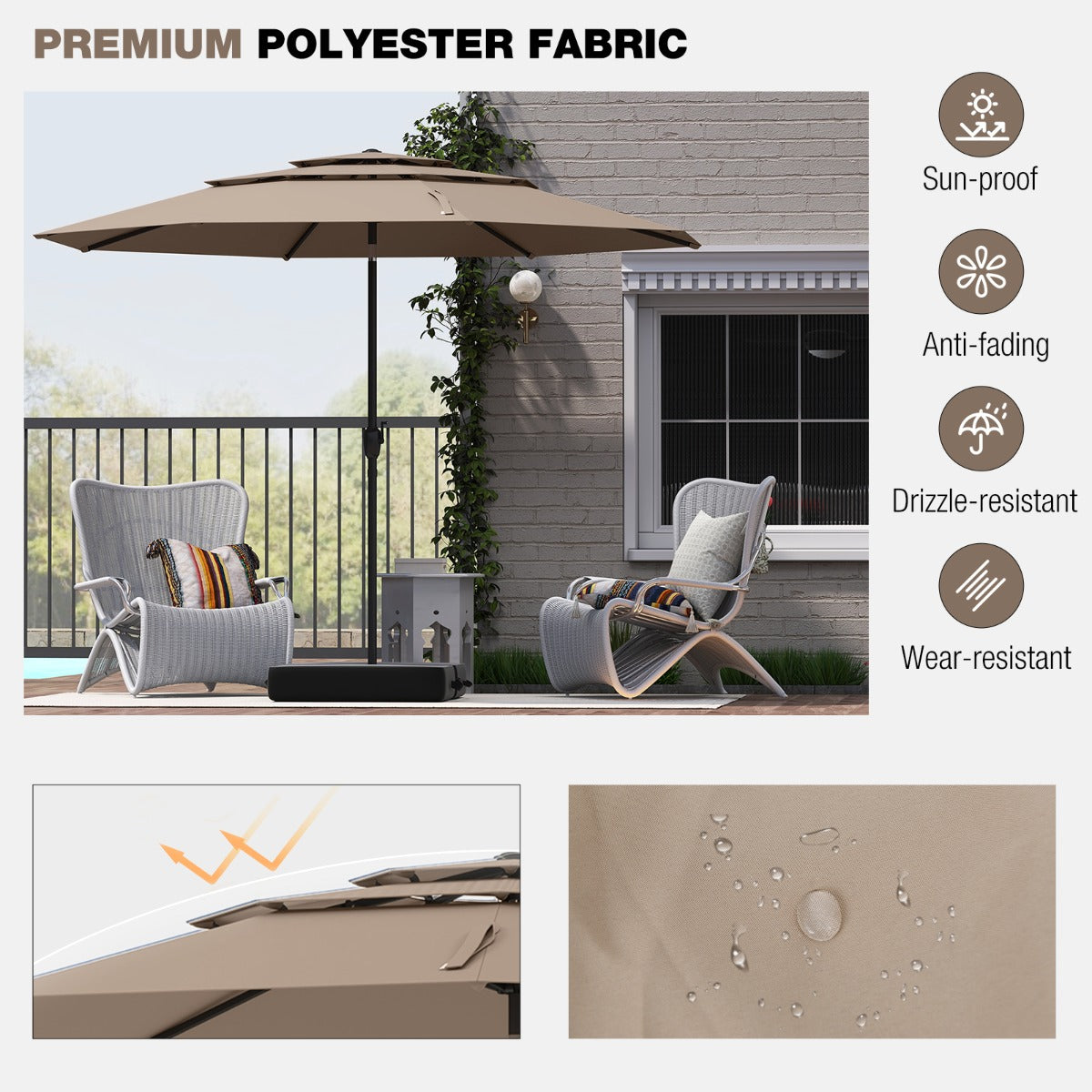 Large Market Table Umbrella with Push Button Tilt and Crank Handle-Brown