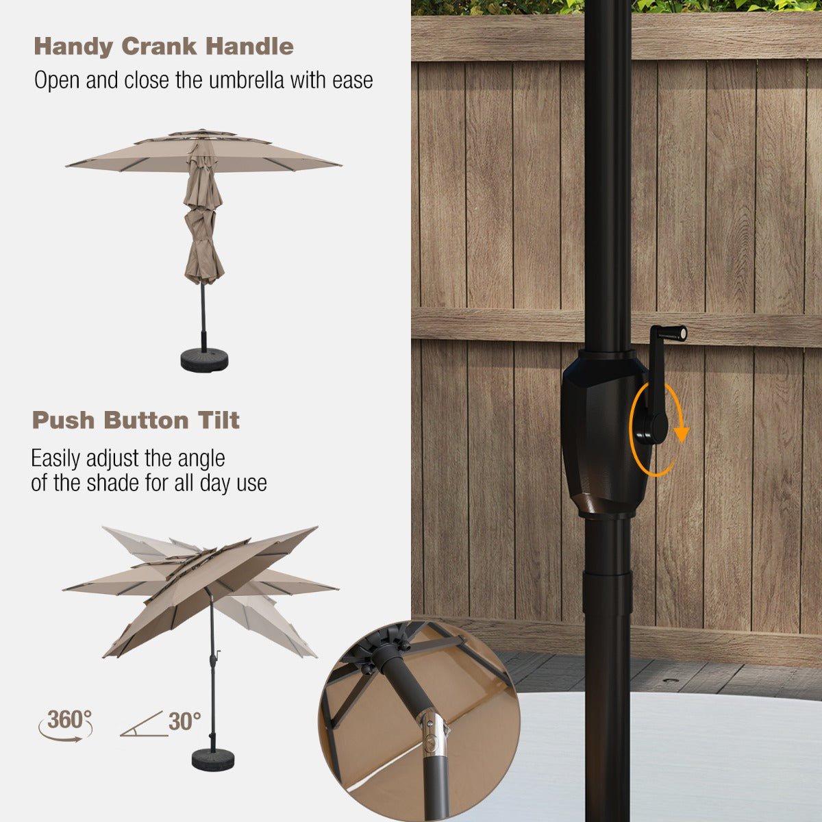 Large Market Table Umbrella with Push Button Tilt and Crank Handle-Brown