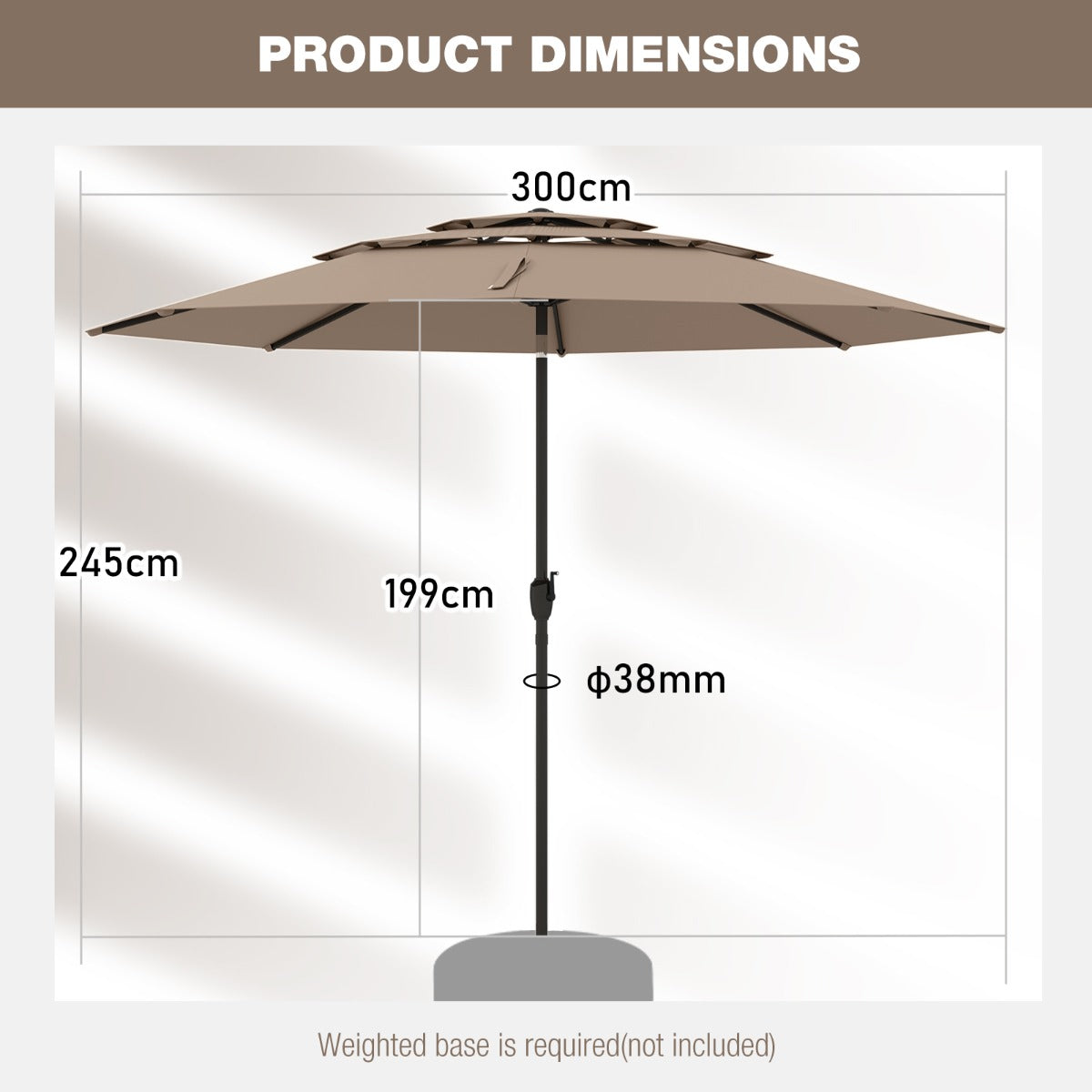 Large Market Table Umbrella with Push Button Tilt and Crank Handle-Brown