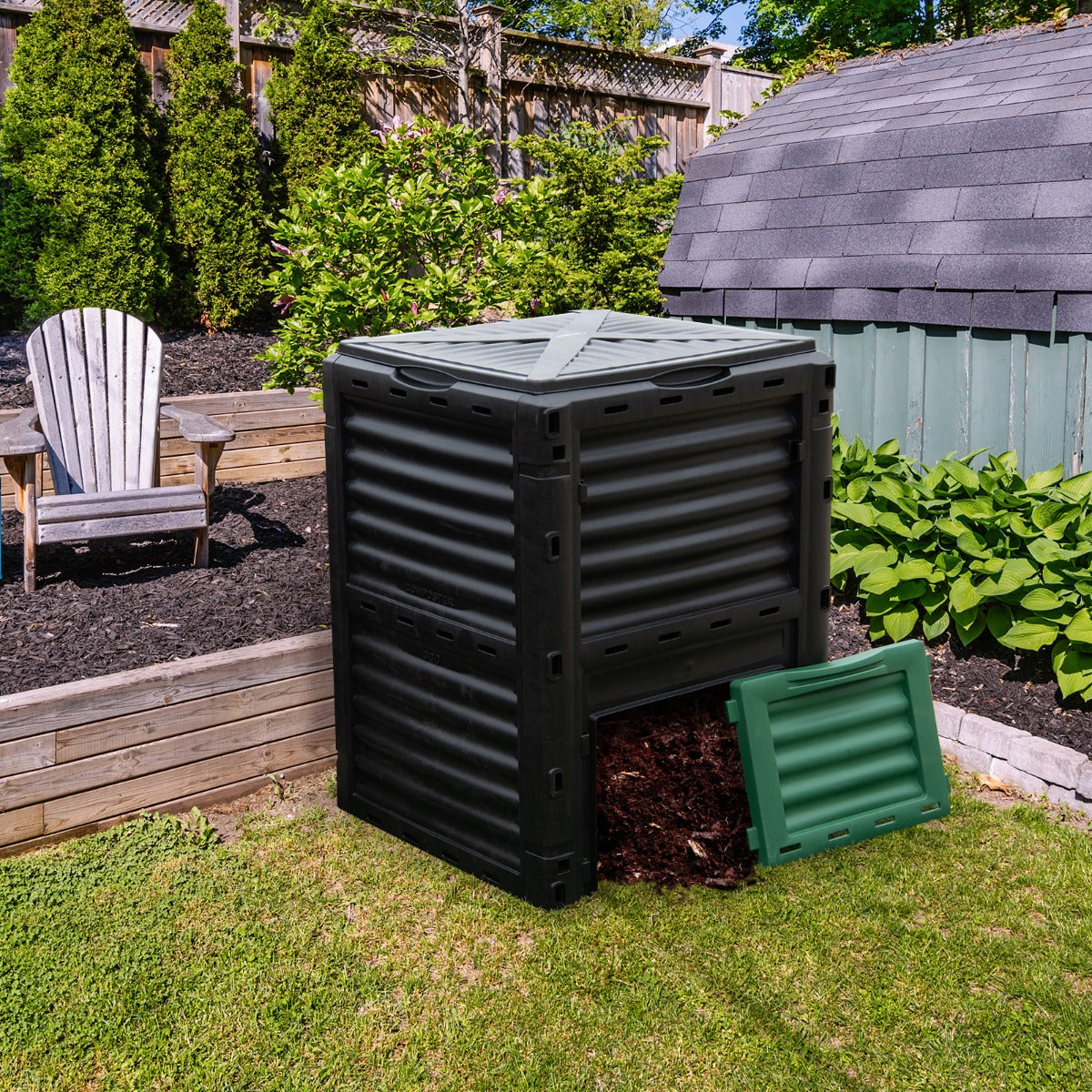 Large Outdoor Compost Bin 300L with Top Flip Door and Latch-on Lid-Black and Green