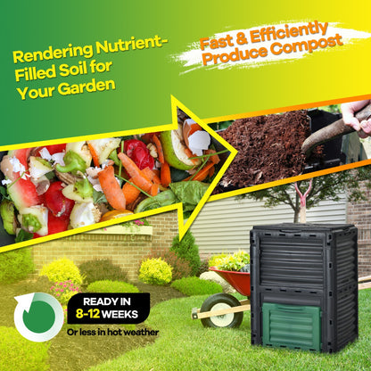 Large Outdoor Compost Bin 300L with Top Flip Door and Latch-on Lid-Black and Green