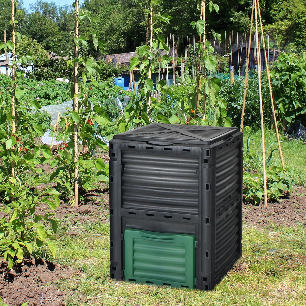 Large Outdoor Compost Bin 300L with Top Flip Door and Latch-on Lid-Black and Green