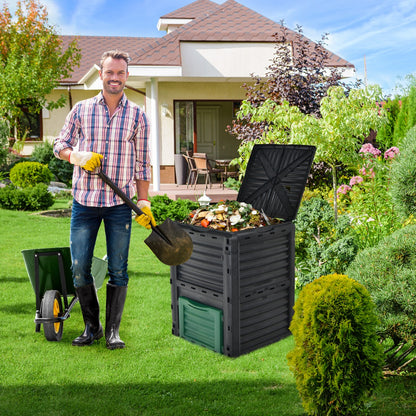 Large Outdoor Compost Bin 300L with Top Flip Door and Latch-on Lid-Black and Green