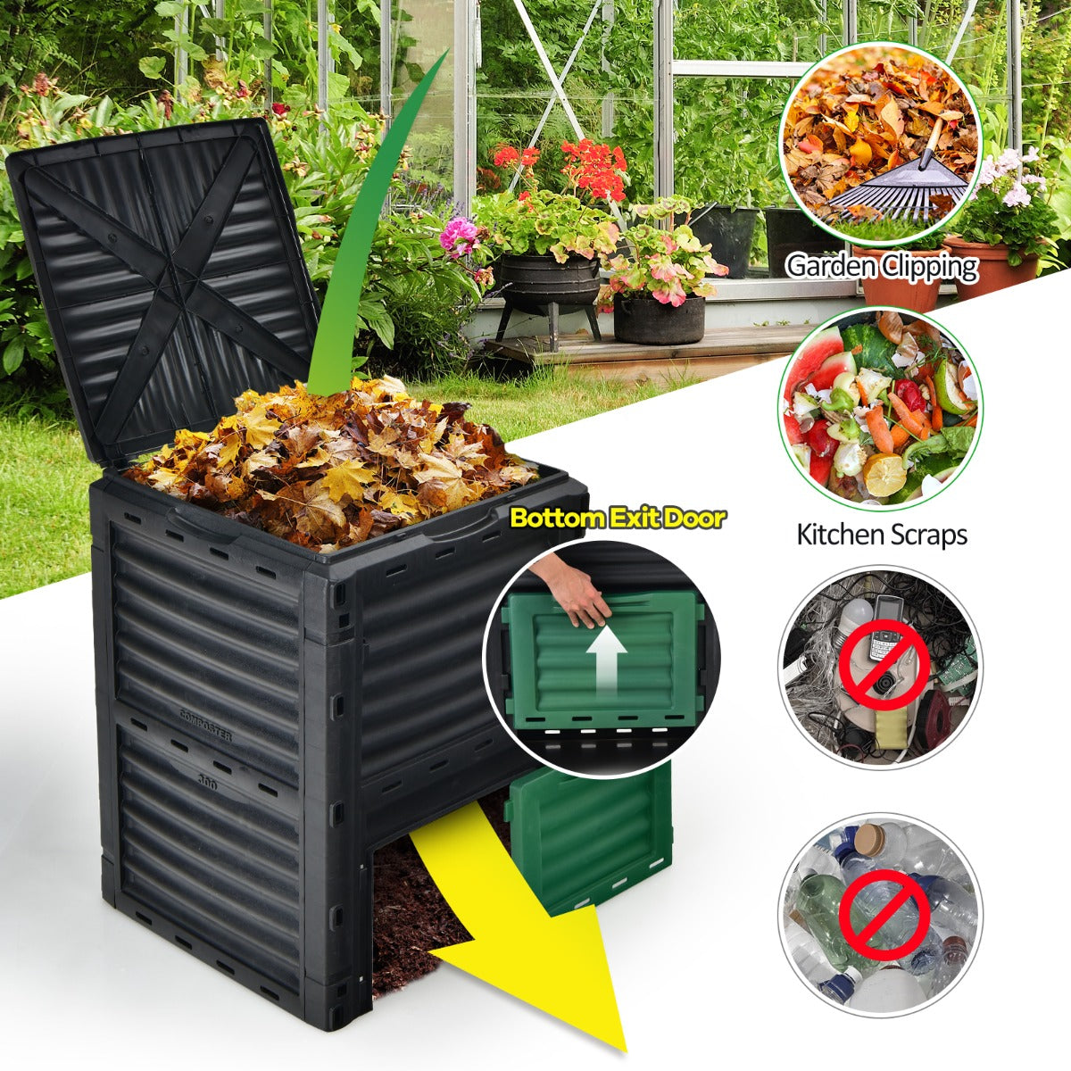 Large Outdoor Compost Bin 300L with Top Flip Door and Latch-on Lid-Black and Green