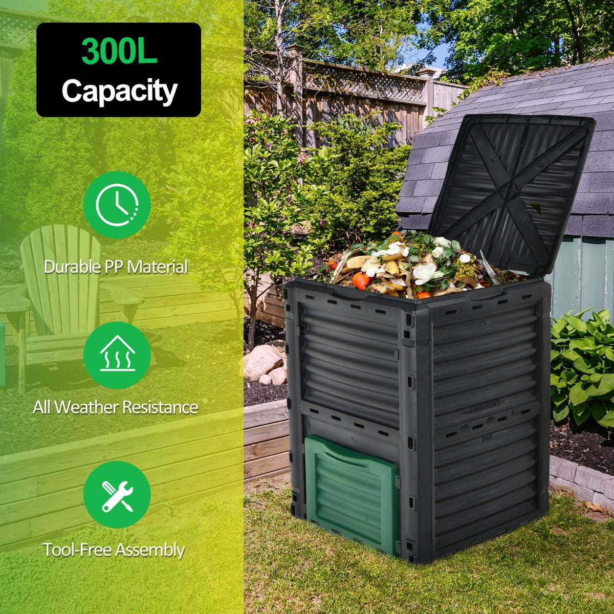 Large Outdoor Compost Bin 300L with Top Flip Door and Latch-on Lid-Black and Green