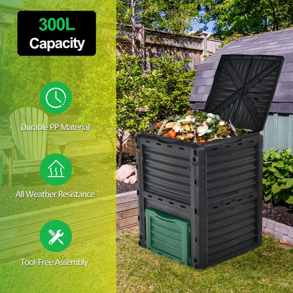 Large Outdoor Compost Bin 300L with Top Flip Door and Latch-on Lid-Black and Green