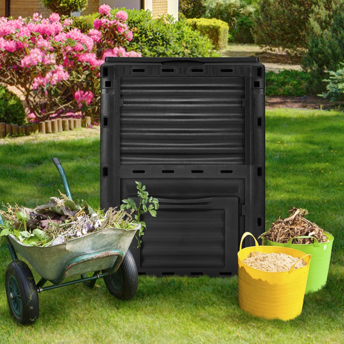 Large Outdoor Compost Bin 300L with Top Flip Door and Latch-on Lid-Black