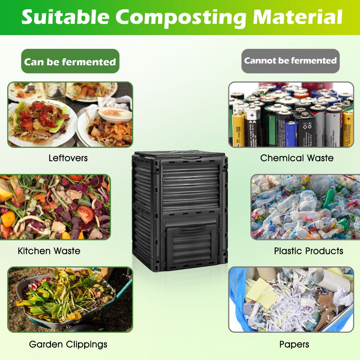 Large Outdoor Compost Bin 300L with Top Flip Door and Latch-on Lid-Black