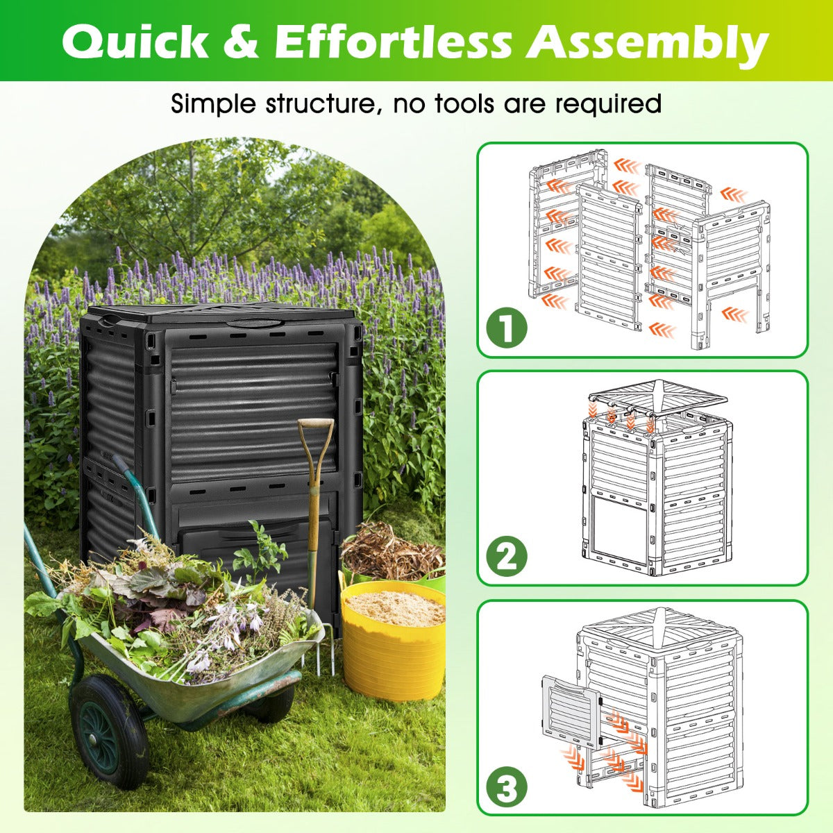 Large Outdoor Compost Bin 300L with Top Flip Door and Latch-on Lid-Black