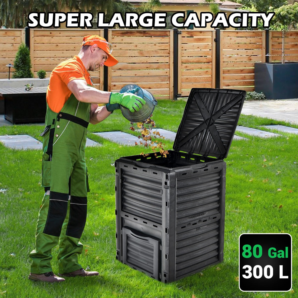 Large Outdoor Compost Bin 300L with Top Flip Door and Latch-on Lid-Black