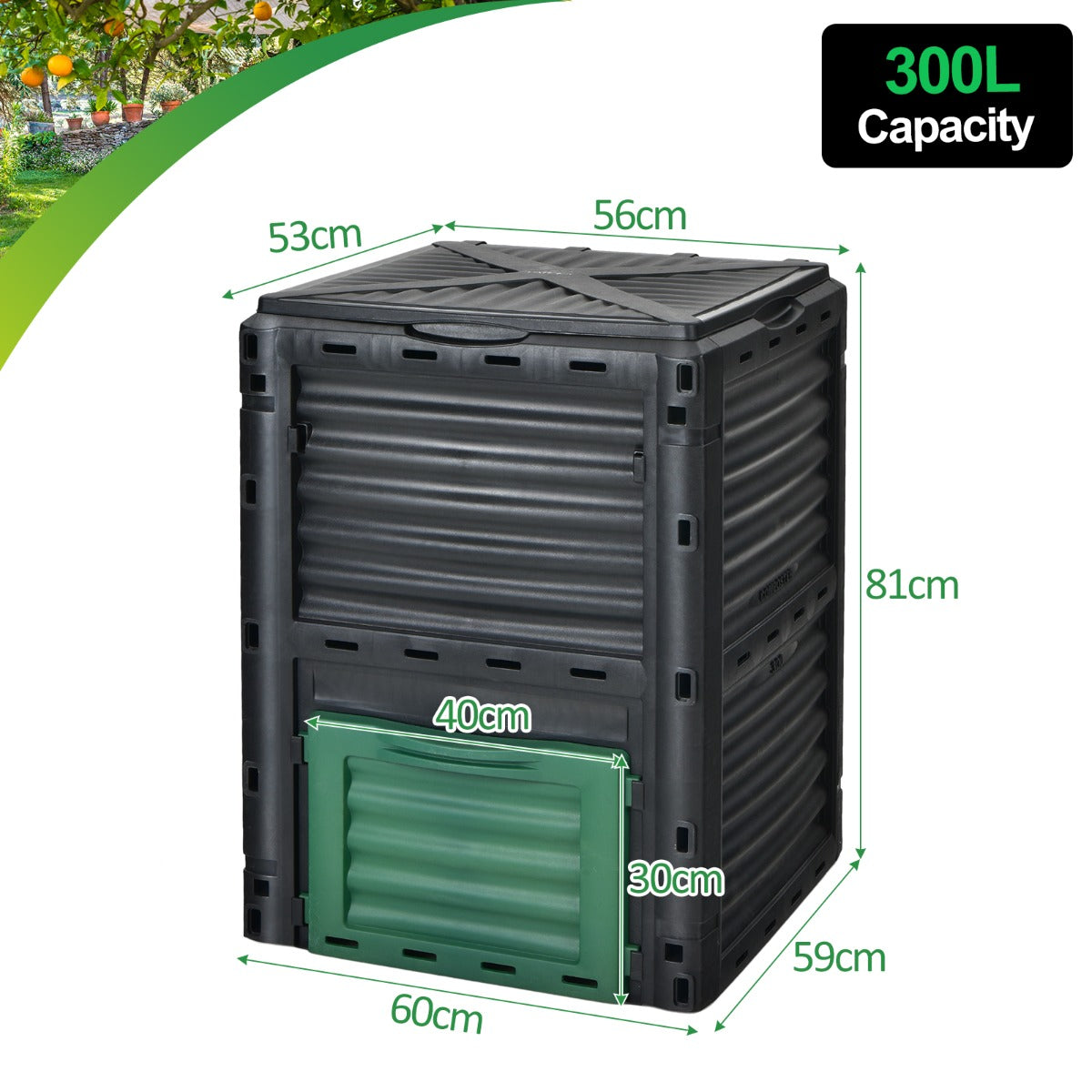 Large Outdoor Compost Bin 300L with Top Flip Door and Latch-on Lid-Black and Green