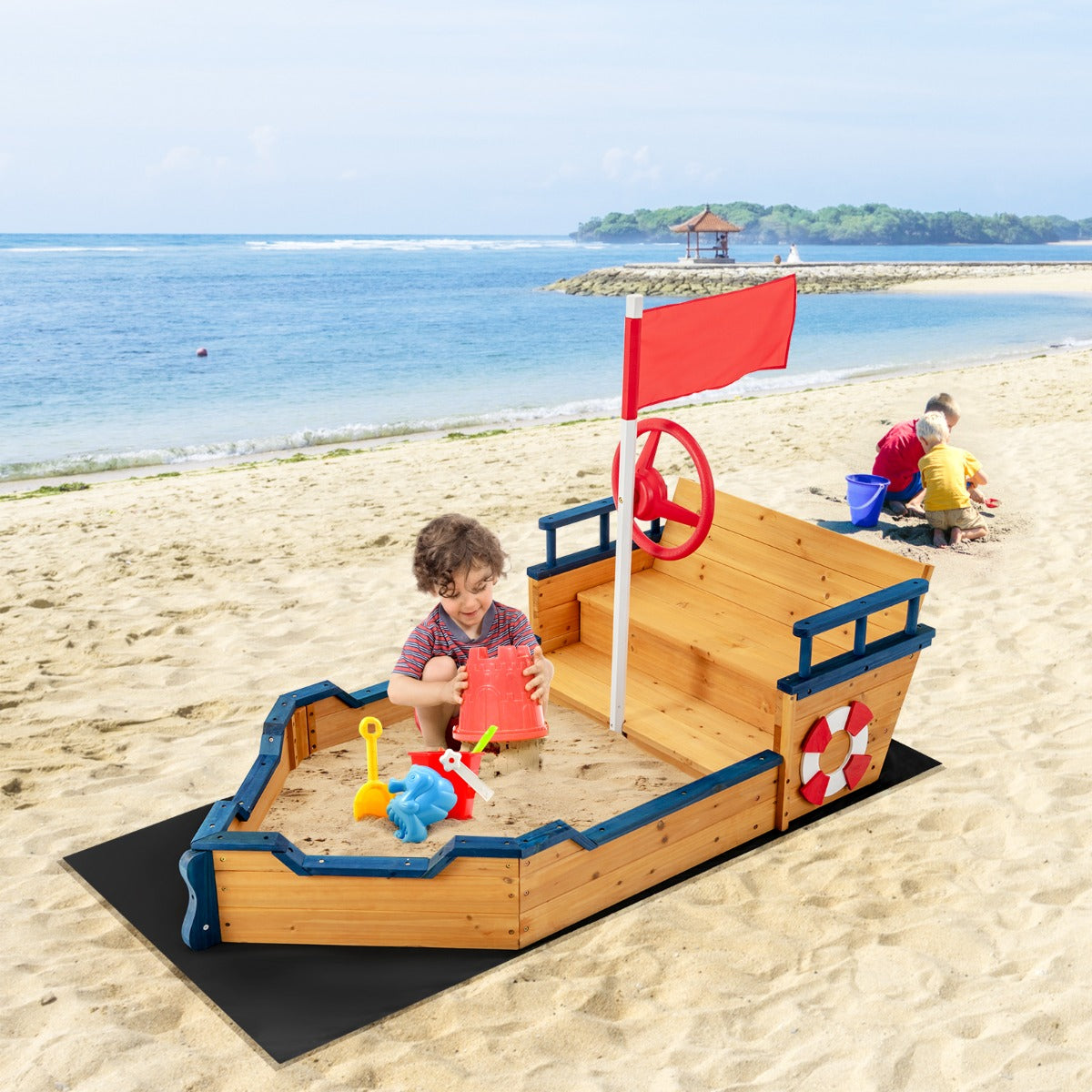 Large Pirate Ship Play Station with 2-in-1 Storage Benches and Bottom Sand Protection