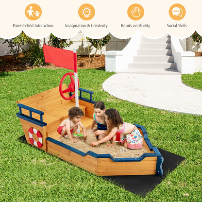 Large Pirate Ship Play Station with 2-in-1 Storage Benches and Bottom Sand Protection