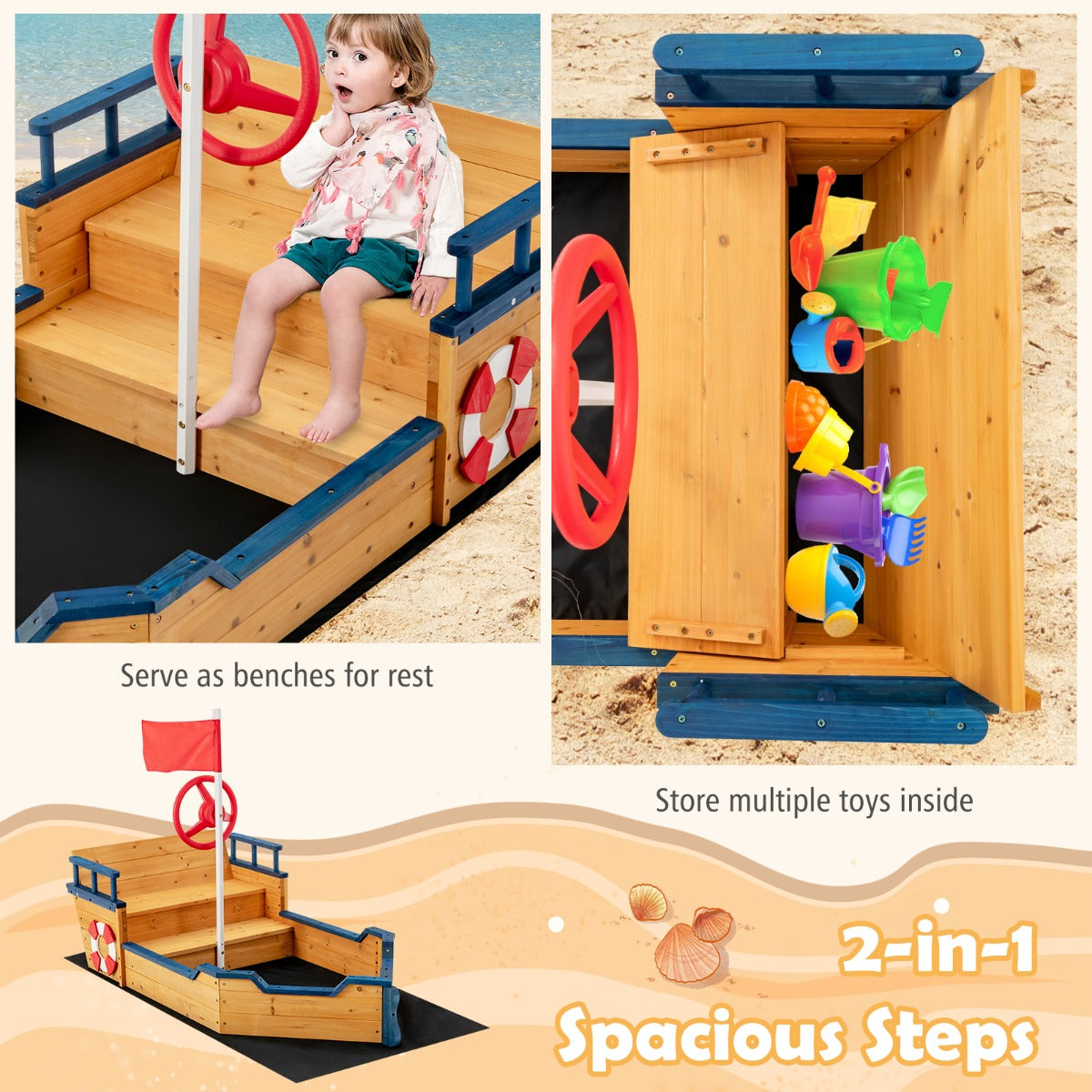 Large Pirate Ship Play Station with 2-in-1 Storage Benches and Bottom Sand Protection