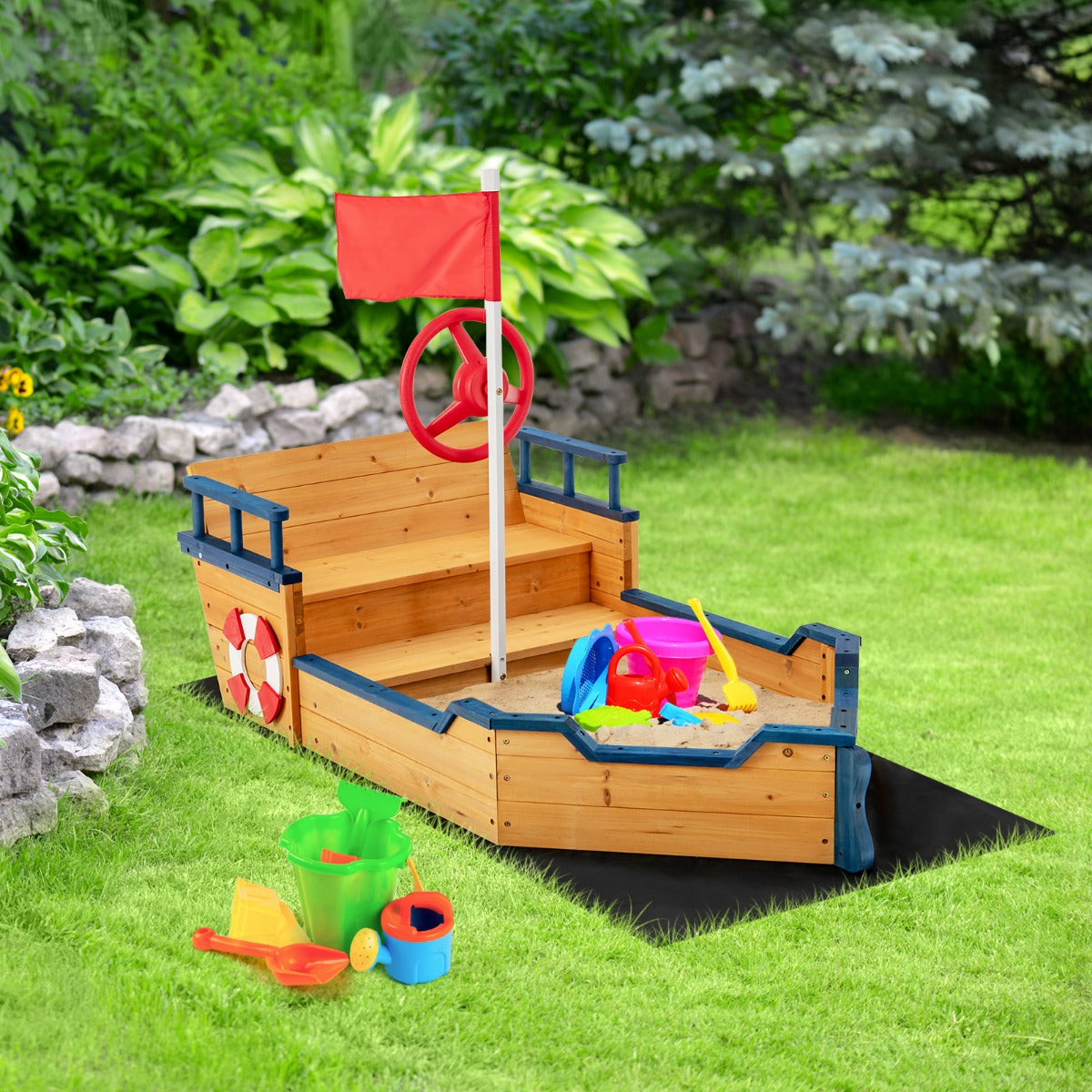 Large Pirate Ship Play Station with 2-in-1 Storage Benches and Bottom Sand Protection