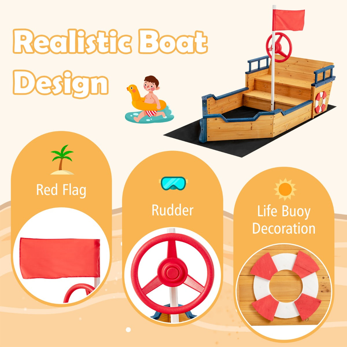 Large Pirate Ship Play Station with 2-in-1 Storage Benches and Bottom Sand Protection