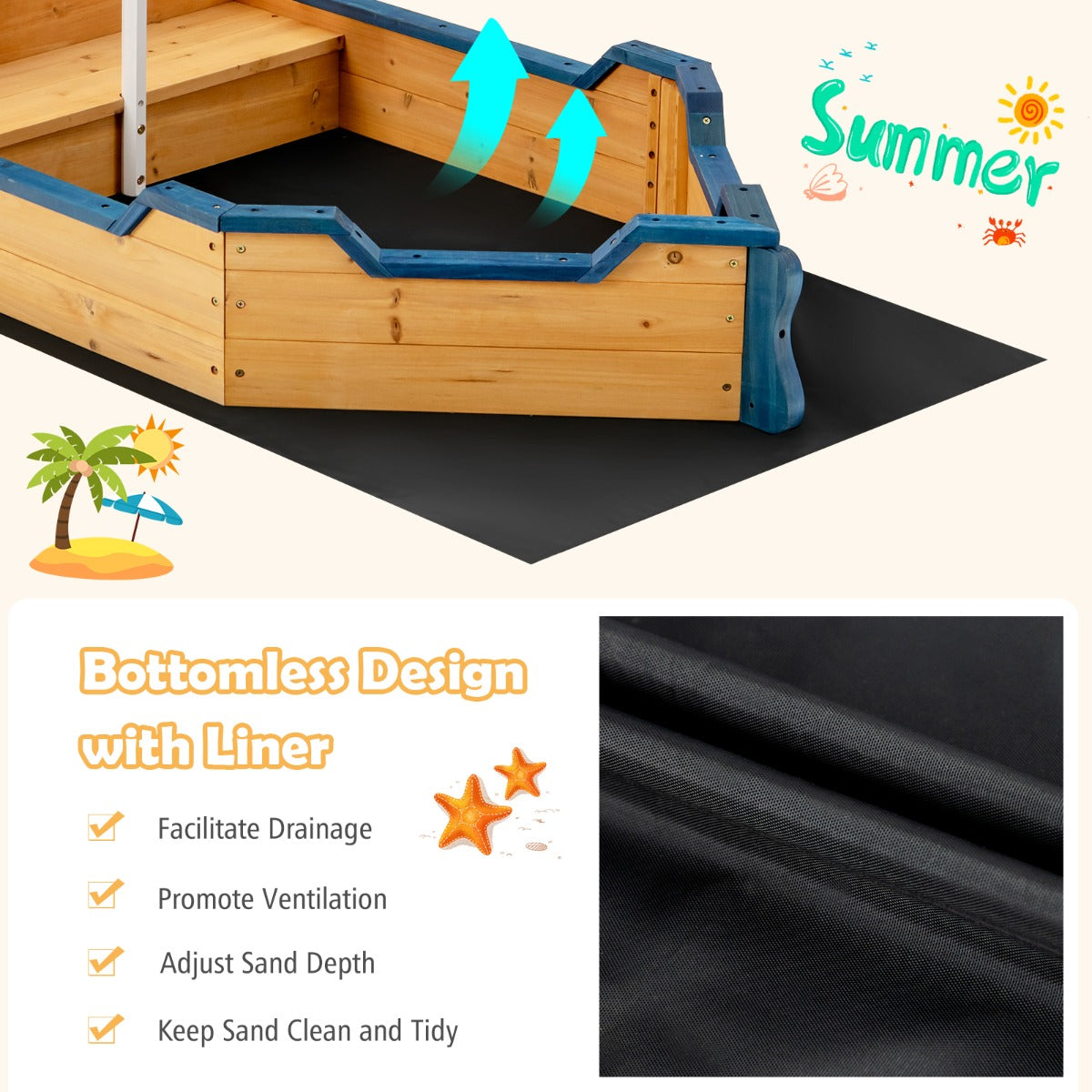 Large Pirate Ship Play Station with 2-in-1 Storage Benches and Bottom Sand Protection
