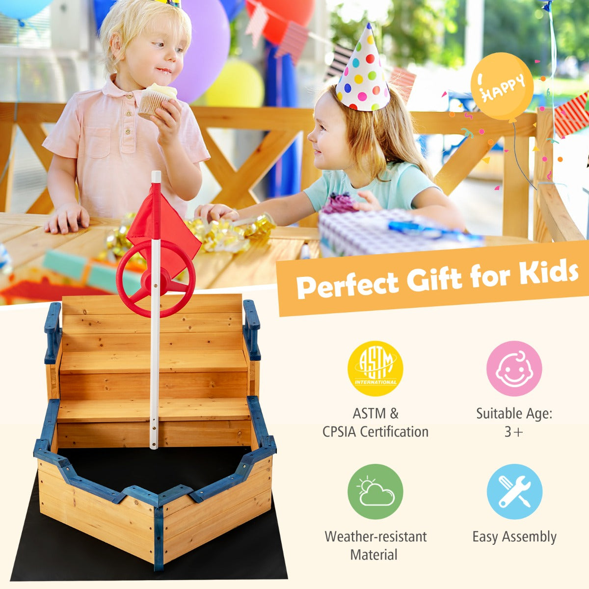 Large Pirate Ship Play Station with 2-in-1 Storage Benches and Bottom Sand Protection