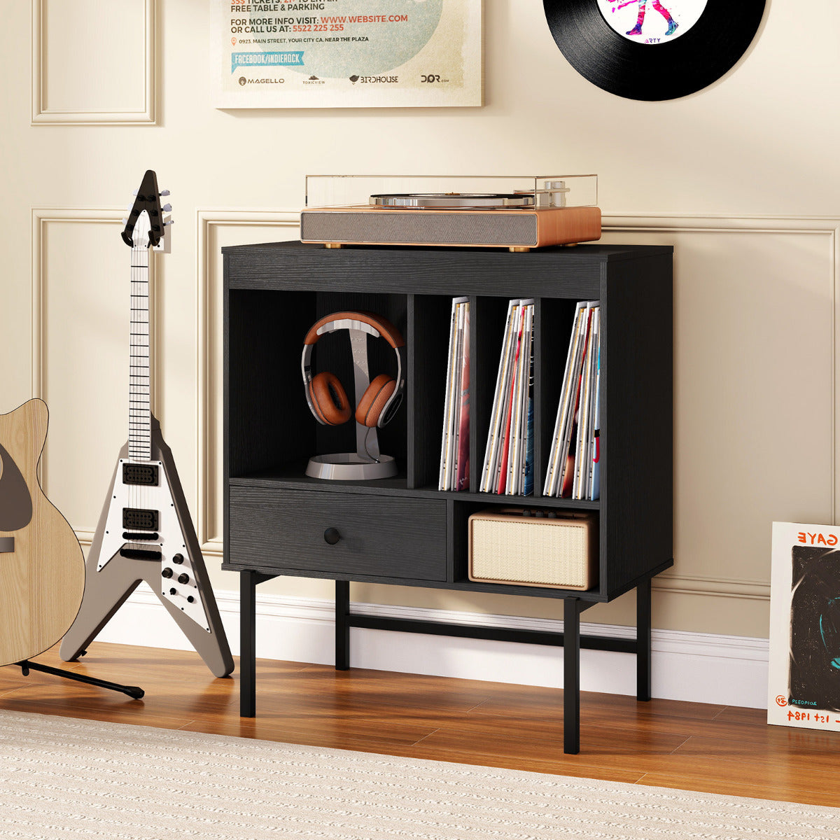 Large Record Player Stand with Open Compartments for Music Room-Black