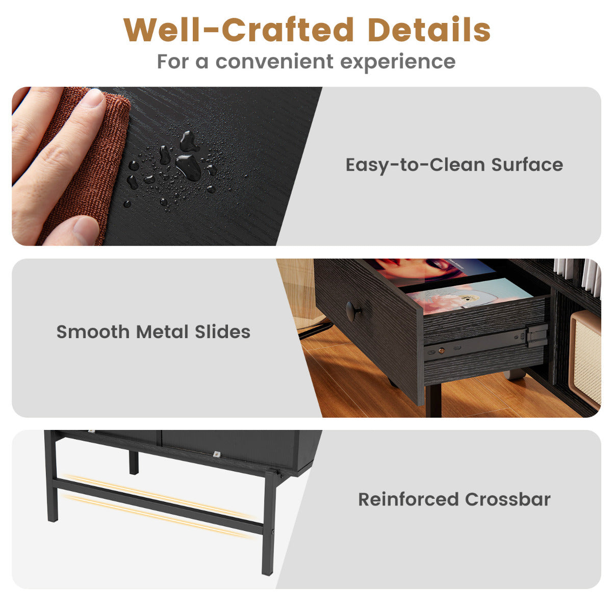Large Record Player Stand with Open Compartments for Music Room-Black