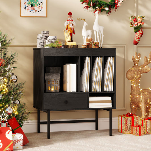 Large Record Player Stand with Open Compartments for Music Room-Black