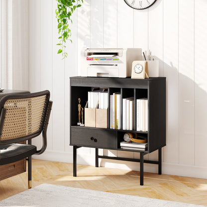Large Record Player Stand with Open Compartments for Music Room-Black