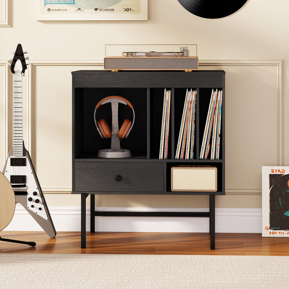 Large Record Player Stand with Open Compartments for Music Room-Black