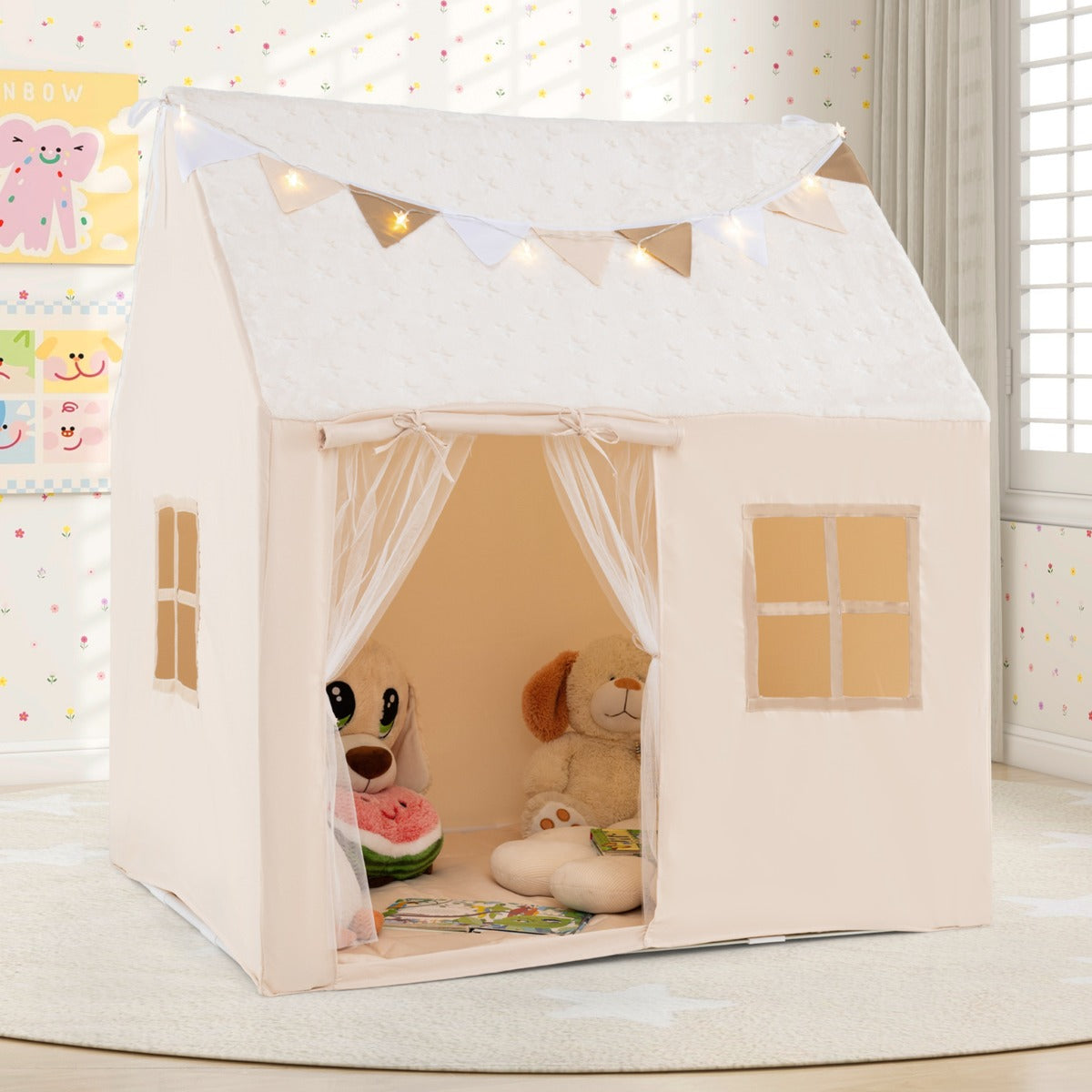 Large Toddler Playhouse with Glow in the Dark Stars-Beige
