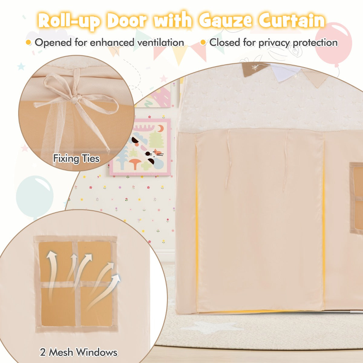 Large Toddler Playhouse with Glow in the Dark Stars-Beige