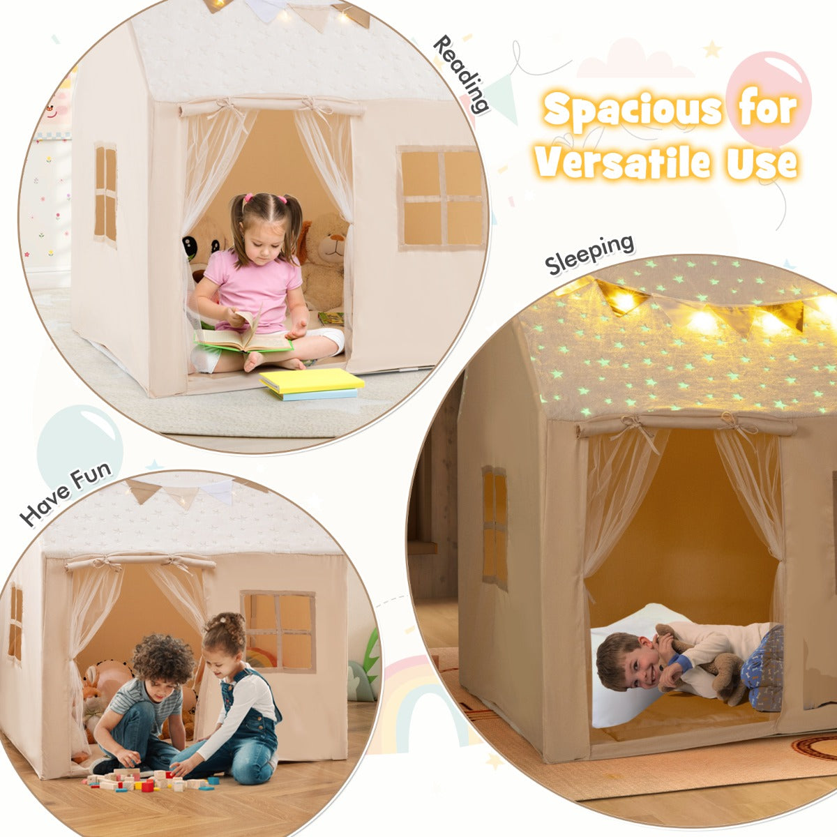 Large Toddler Playhouse with Glow in the Dark Stars-Beige