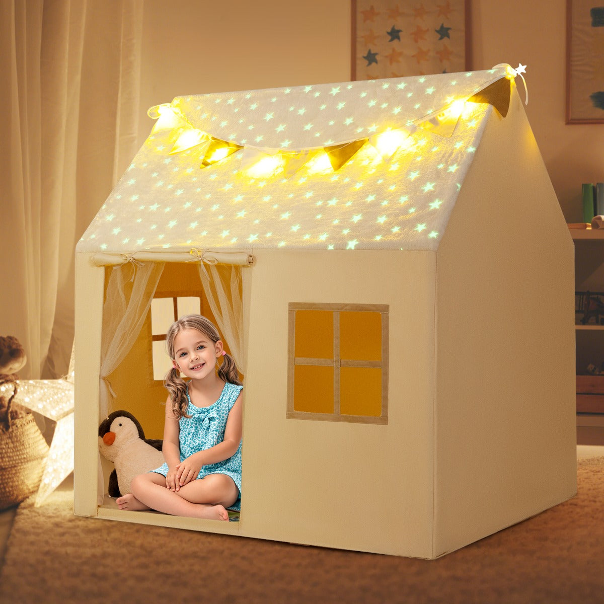 Large Toddler Playhouse with Glow in the Dark Stars-Beige